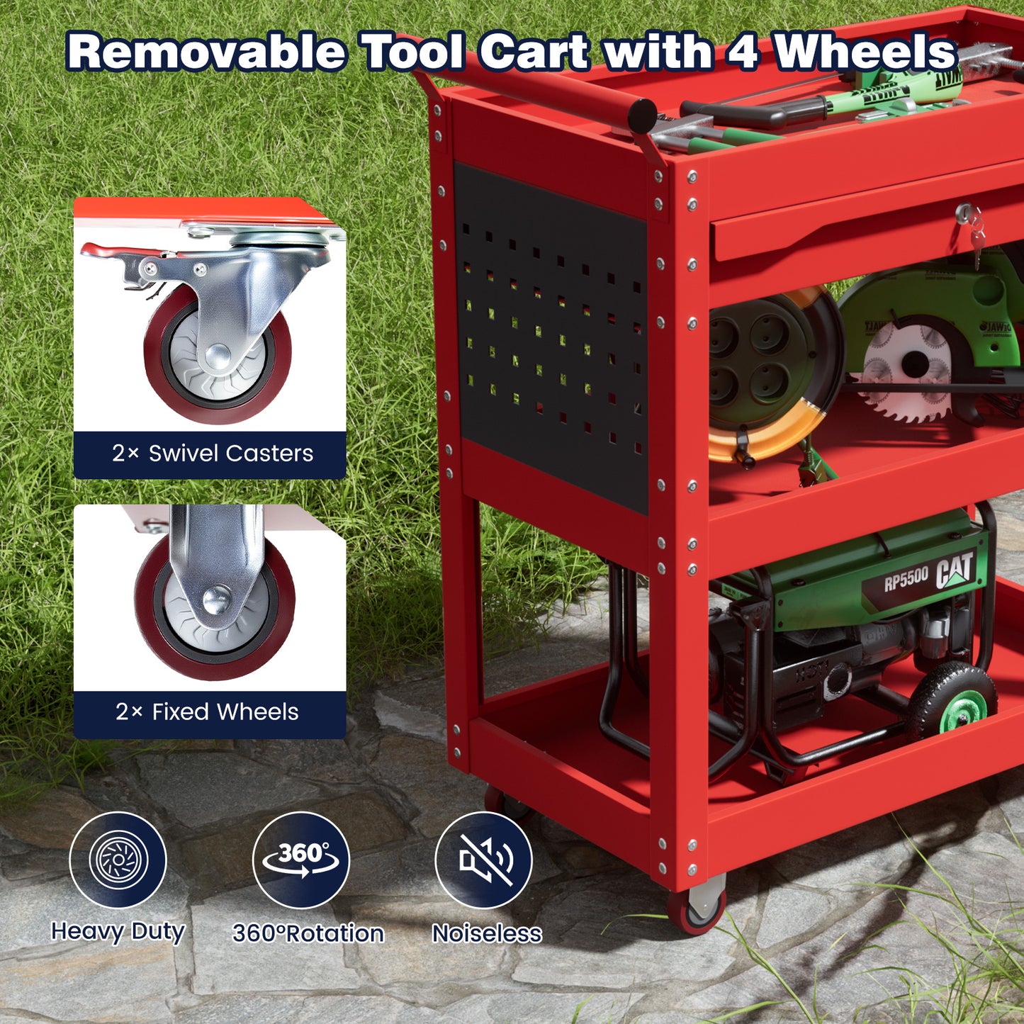 ALANNG 330 LBS Rolling Tool Cart with 1 Drawer & 3 Shelves | Heavy Duty Mechanic Cart Includes 7 Hooks, 2 Pegboards & Screw Organizer | Metal Service Cart for Garage Workshop