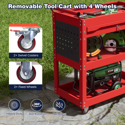 ALANNG 330 LBS Rolling Tool Cart with 1 Drawer & 3 Shelves | Heavy Duty Mechanic Cart Includes 7 Hooks, 2 Pegboards & Screw Organizer | Metal Service Cart for Garage Workshop