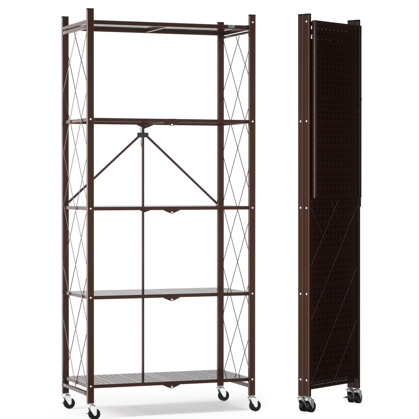 ALANNG 70.7" H Metal Storage Shelves, 5 Tier Folding Shelf on Wheels, Heavy Duty, No Assembly, Rolling, Collapsible Rack Unit for Kitchen, Basement, Pantry,Brown