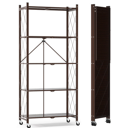 ALANNG 70.7" H Metal Storage Shelves, 5 Tier Folding Shelf on Wheels, Heavy Duty, No Assembly, Rolling, Collapsible Rack Unit for Kitchen, Basement, Pantry,Brown